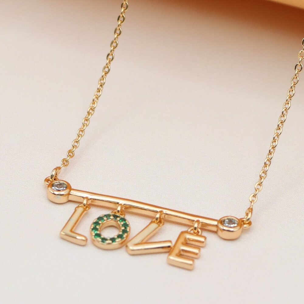 Rose Gold LOVE Pendant Necklace with Green Crystal Accent, XPNL0207